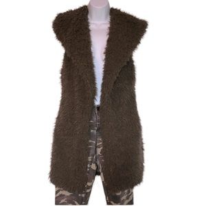 3 for $20 ME JANE Faux Fur Boho Fuzzy Furry Vest Long Open Cardigan Olive Green